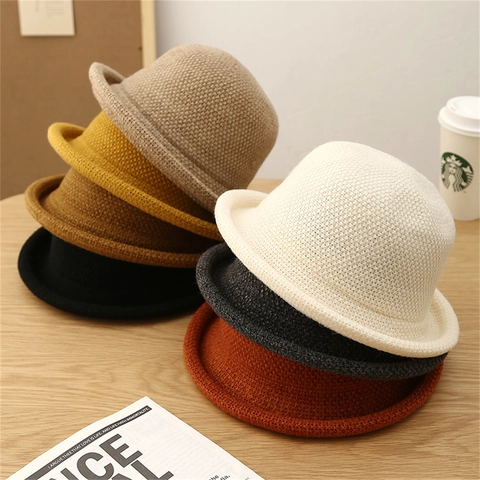 Women Retro Knitted Bucket Hat Warm Thick Winter Rolled Brim Solid Color Cloche Hat For Outdoor Casual