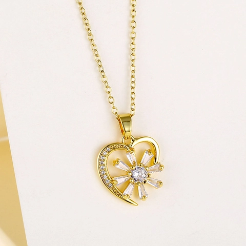 Herz Anhänger Halskette Edelstahl Zirkon Blume Gänseblümchen Design Vergoldet Eleganter Schmuck Für Damen
