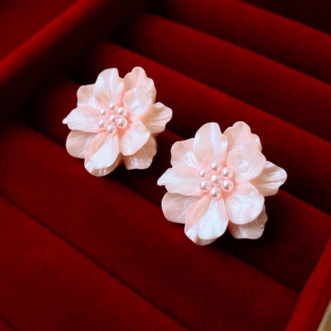 Pendientes De Botón Con Flor Rosa E Imitación De Perla Artificial Y Poste De Plata Acrílico Floral Joyería Dulce Para Mujer