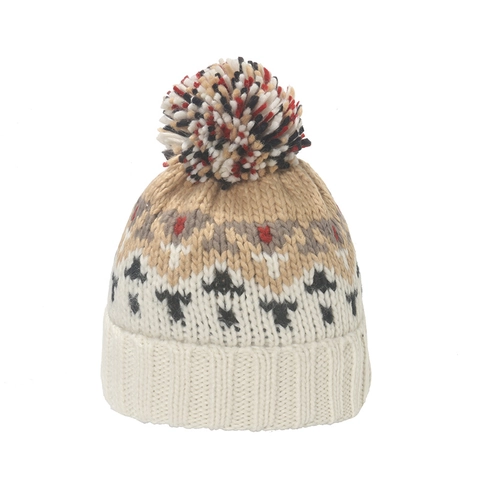 Women Winter Knitted Beanie Hat Acrylic Geometric Jacquard Pattern Pom Pom Warm Windproof Fashion Outdoor Accessory