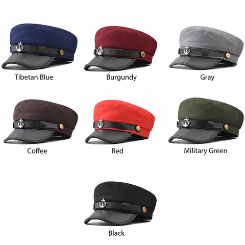 Women Sailor Hat Captain Cap With Metal Anchor Badge Faux Leather Brim Cotton Linen Military Beret For Spring Autumn Casual