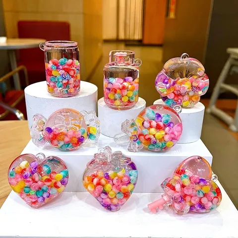 Creatieve Vloeistof Drijfzand Sleutelhanger Hart Aardbei Snoep Fles Acryl Lichtgevende Kralen Tas Hanger Cadeau Voor Vrouwen Kinderen