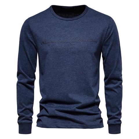 Men Long Sleeve T-Shirt Pure Cotton Crew Neck Slim Fit Casual Base Layer With Letter Print