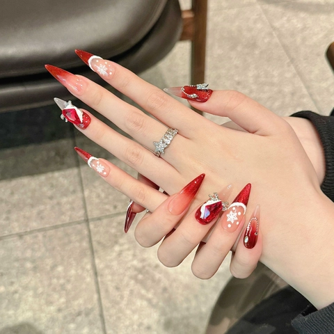 Faux Ongles Faits Main Longs Stiletto Oeil De Chat Rouge Vin Noël Flocon De Neige Strass Noeud Style Hiver
