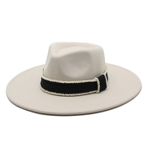 Cappello Fedora A Tesa Larga Donna Elegante Nastro Con Künstliche Perle Feltro Jazz Retro Stile Francese Accessoire Autunno Inverno