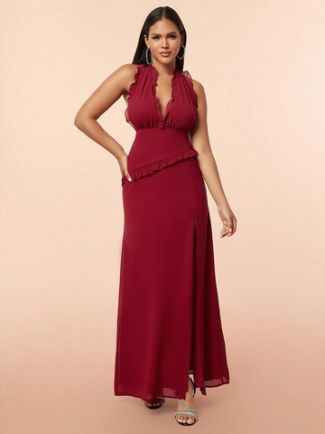 Dames Sexy Wijnrood Halter Maxi Jurk Polyester Diepe V-Hals Ruches Rugloos Hoge Spleet Elegante Avondjurk
