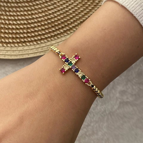 Bracciale Con Pendente Croce Farfalla Ottone Placcato Oro Zirconia Corda Intrecciata Regolabile Gioielli Per Donne