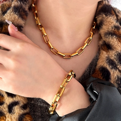 Collana E Bracciale In Acciaio Inossidabile Placcato Oro Catena Spessa Hip Hop Rettangolare Geometrico Gioielli Minimalisti Per Donne