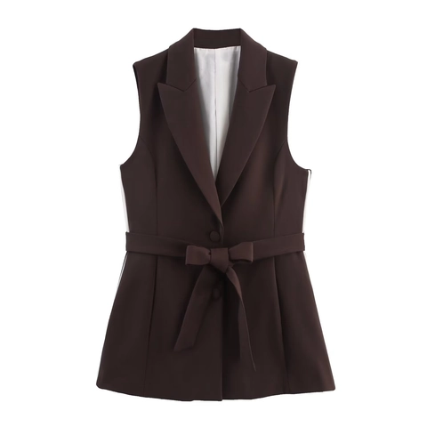 Dames Mouwloze Blazer Vest En Broek Met Zijstrepen Kantoor Zakelijk Polyester Donkerbruin Mode Pakken