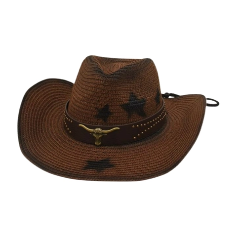 Western Cowboy Straw Hat Star Print Bull Head Metal Decor Faux Leather Belt Adjustable Windproof Rope Beach Sun Hat