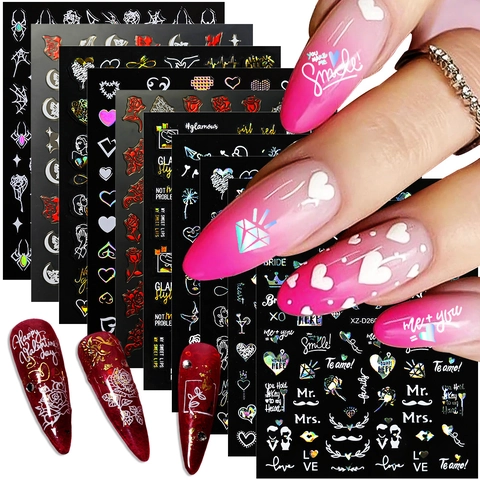 Nagelaufkleber Valentinstag Herz Laser Holografisch Rose Buchstaben Muster DIY Dekoration Für Frauen