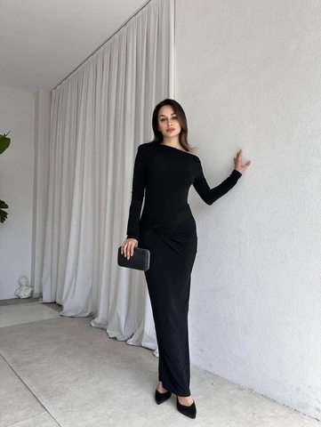 Vestido Largo Ajustado Sexy De Un Hombro Para Mujer Cintura Fruncida Con Nudo Manga Larga Color Sólido Elegante Fiesta