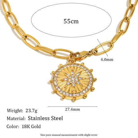 Collana Con Ciondolo A Moneta Con Stella A Otto Punte Acciaio Inossidabile Placcato Oro 18K Gioielli Vintage