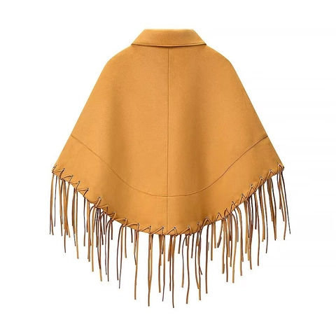 Women Fashion Suede Fringe Cloak Shawl Lapel Zipper Casual Outerwear Solid Color Tassel Poncho Wrap For Ladies