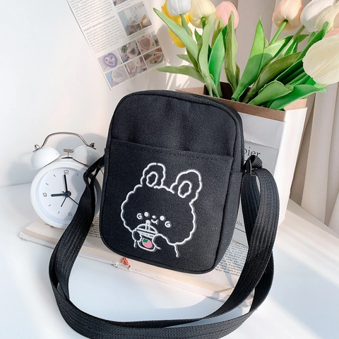 Cute Cartoon Bear Rabbit Print Canvas Crossbody Bag For Girls Mini Small Shoulder Phone Pouch Japanese Style Kawaii