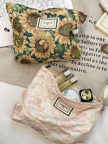 Borsa Cosmetica Jacquard Floreale Motivo Fiori Vintage Pochette Trucco Grande Capacità Organizzatore Viaggio Elegante