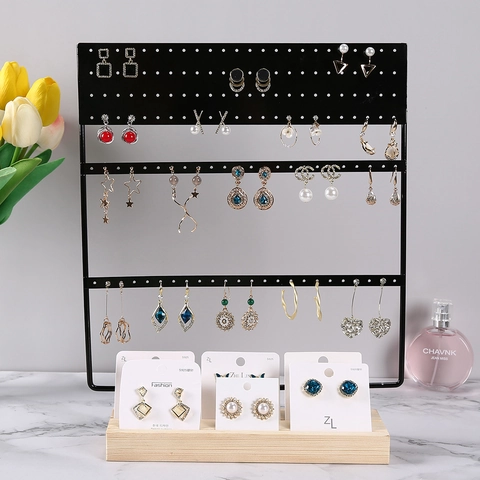 144 Holes Jewelry Display Organizer Stand Iron Metal Earring Holder Rack With Wooden Base For Studs Rings Home Storage