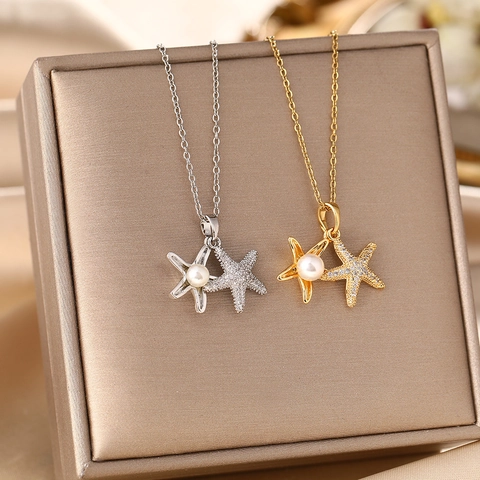 Collana Con Ciondolo A Stella Marina Acciaio Al Titanio Con Perla Artificial Sintetica E Zirconia Per Donna Gioιelli Minimalisti