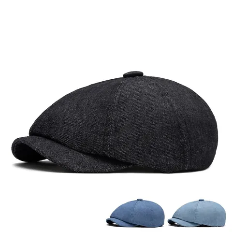 Vintage Newsboy Cap Denim Cotton Adjustable Octagonal Hat Retro Beret British Style For Men And Women