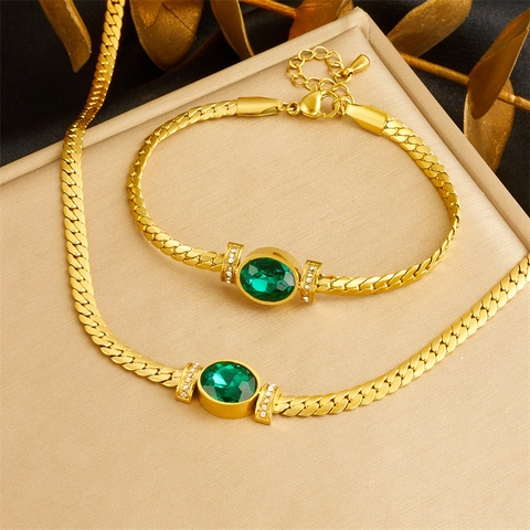 Vintage Luxury Stainless Steel Emerald Zirconia Necklace And Bracelet Jewelry Collection Flat Snake Chain Oval Green Gemstone For Women