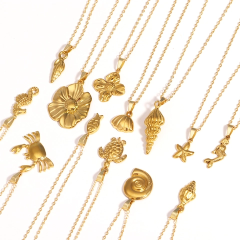 Edelstahl Gold Überzogen Ozean Meerjungfrau Seepferdchen Seestern Muschel Krabbe Schildkröte Anhänger Halskette Damen Schmuck
