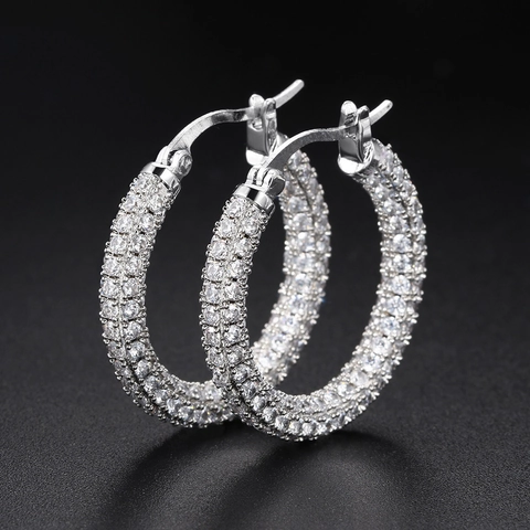 Boucles d'Oreilles Créoles en Cuivre Style Hip Hop pour Femmes avec Strass Géométriques Rondes Bijoux de Luxe Or Argent