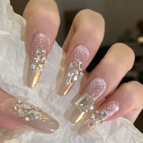 Handgefertigt Silber Farbverlauf Glitzer Künstliche Nägel Mit Strass Künstliche Perle Dekor Lange Oval Aurora Puder Damen