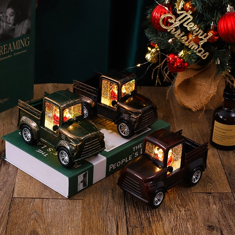 Vintage Weihnachts LKW Schneekugel LED Licht Ornament Weihnachtsmann Desktop Feiertag Dekoration Kunststoff Harz