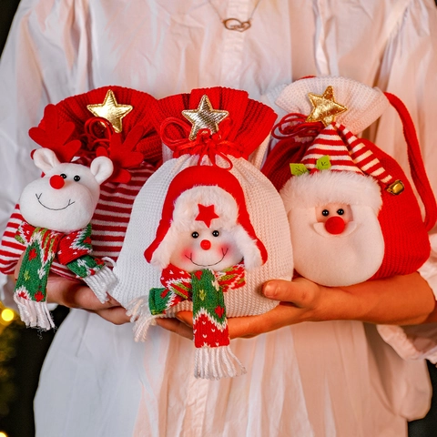 Weihnachten Gestrickte Geschenktüte Cartoon Weihnachtsmann Schneemann Rentier Handheld Kordelzug Süßigkeitsbeutel Party Deko