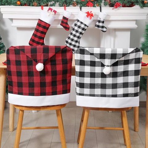 Fundas Para Sillas De Navidad Cuadros Buffalo Decoración Comedor Estilo Sombrero Con Pompones Tela Suave Fiesta