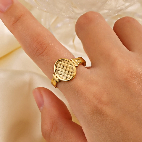Stainless Steel Geometric Oval Ring Gold Plated Waffle Texture Minimalist Adjustable Open Rings For Women Vintage Chic