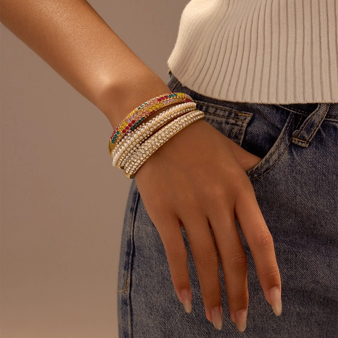 Elegante Roestvrijstalen Kunstparel Strass Open Manchet Armband Voor Dames Goud Westerse Stijl Verstelbare Sieraden Bangle