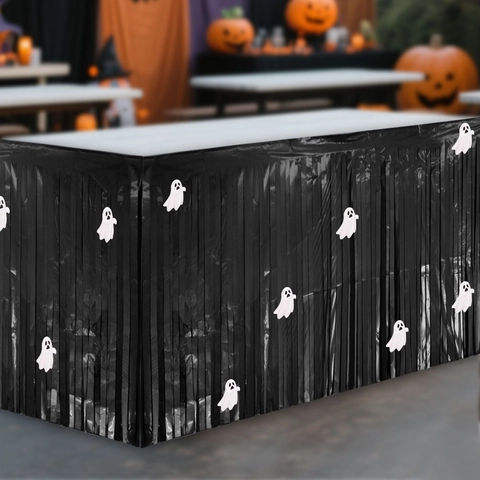 Gonna Da Tavolo Di Halloween Frange Metalliche Tenda Per Feste Decorazione Con Adesivi Zucca Fantasma Pipistrello DIY