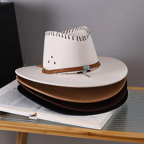 Western Cowboy Hat Wool Felt Ethnic Style With Turquoise Bead Metal Feather Outdoor Adjustable Wind Rope