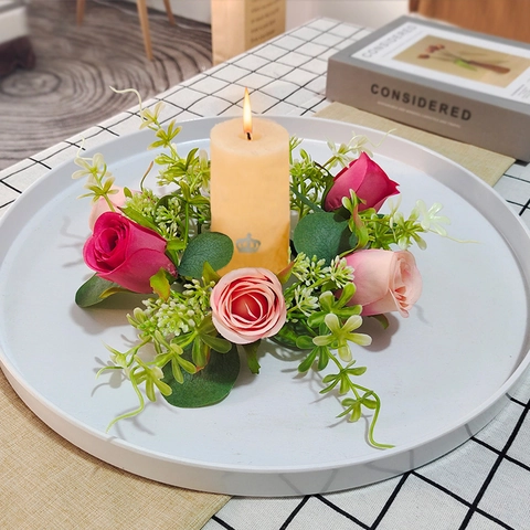 Artificial Rose Candle Rings Wreath Satin Plastic Flowers Eucalyptus Leaves Wedding Party Table Centerpiece Home Decor