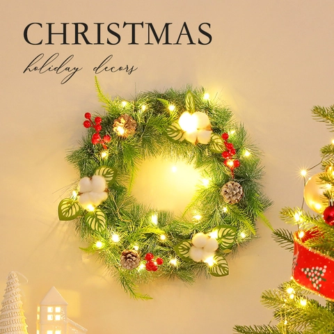 Christmas Wreath Artificial Pine Cone Red Berry Poinsettia Ribbon LED Light Front Door Wall Hanging Decoration