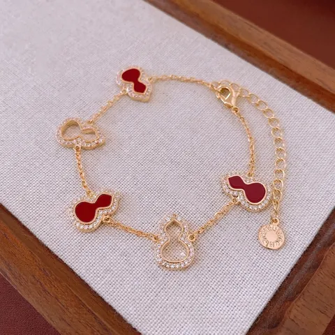 Bracelet Gourde En Cuivre Avec Zircon Émail Rouge Style Chinois Nouveau Vintage Plaqué Or Bijoux Réglables Pour Femmes