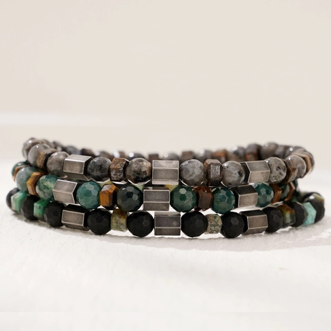 Faceted Natural Stone Beaded Bracelet With Stainless Steel Tiger Eye Agate For Men Women Vintage Ethnic Style Elastic