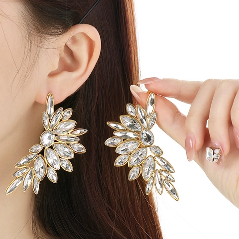 Roestvrij Stalen Kristallen Blad Oorbellen Retro Luxe Strass Ingelegd Hanger Ring Met Roestvrij Stalen Oorsteker Voor Dames