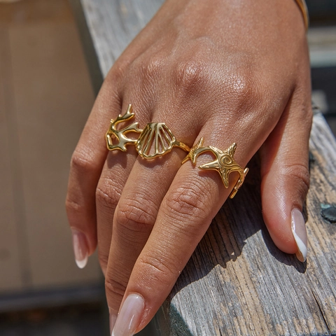 Ocean Theme Adjustable Open Ring Stainless Steel Gold Plated Starfish Shell Coral Summer Beach Jewelry For Women