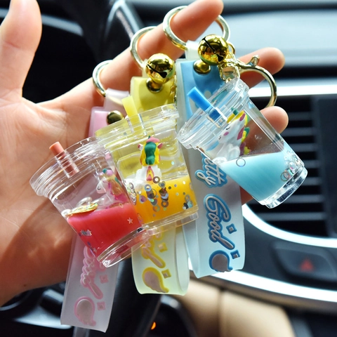 Unicorn Milk Tea Cup Keychain Liquid Quicksand Floating Sequins Acrylic Silicone Wristlet Bell Cute Creative Bag Pendant