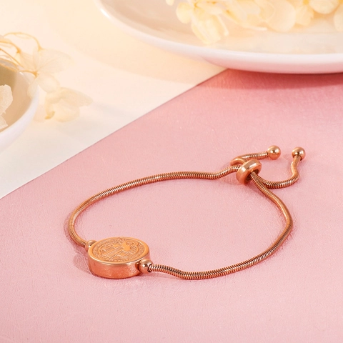 Pulsera Medalla San Benito Acero Inoxidable Ajustable Cadena De Serpiente Joyas Religiosas Para Mujeres Oro Rosa