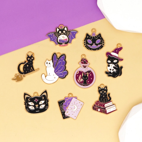 Halloween Black Cat Enamel Alloy Charms DIY Jewelry Making Witchy Magic Potion Tarot Wizard Pendants Novelty