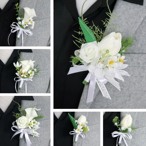 Wedding Boutonniere Wrist Corsage Artificial PU Calla Lily Tulip White Ribbon Bow For Groom Bride Formal Party Accessories