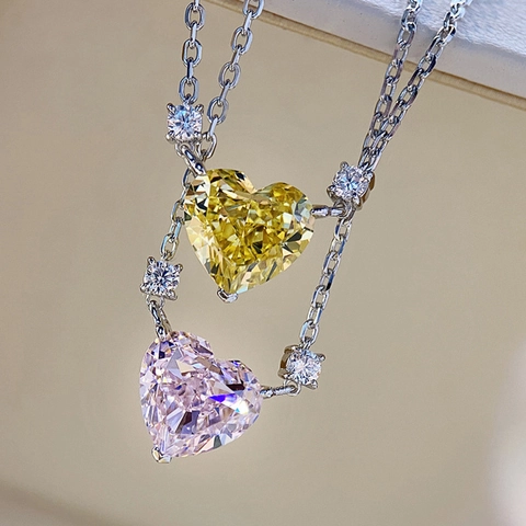 Elegant Heart Zirconia Pendant Necklace For Women Copper Ins Style Pink Yellow White Crystal Heart Shaped Jewelry Gift