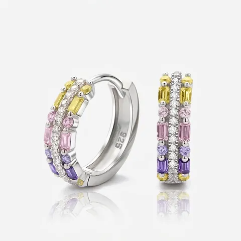 Boucles D'oreilles Huggie Hoop Arc-En-Ciel En Argent Sterling 925 Zircon Coloré Bijoux Style De Luxe Géométrique Pour Femmes