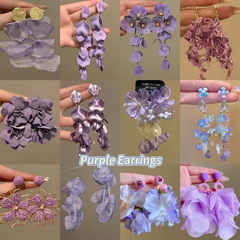 Pendientes De Borla De Flor De Gasa Morada Con Poste De Plata De Ley 925 Joyería Elegante Dulce Para Mujeres