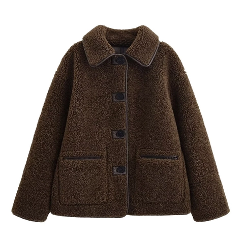 Women Reversible Faux Leather Shearling Jacket Warm Winter Lapel Button Down Coat With Pockets Solid Vintage Streetwear Outerwear