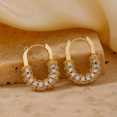 Orecchini Huggie Hoop Rettangolari Rame Placcato Oro Con Zircone Bianco Pave Gioielli Di Moda Donna