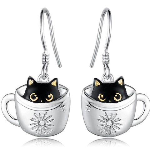 Cute Black Cat In Coffee Cup Drop Earrings Copper Enamel Daisy Pattern Creative Novelty For Women With Silver Earring Post